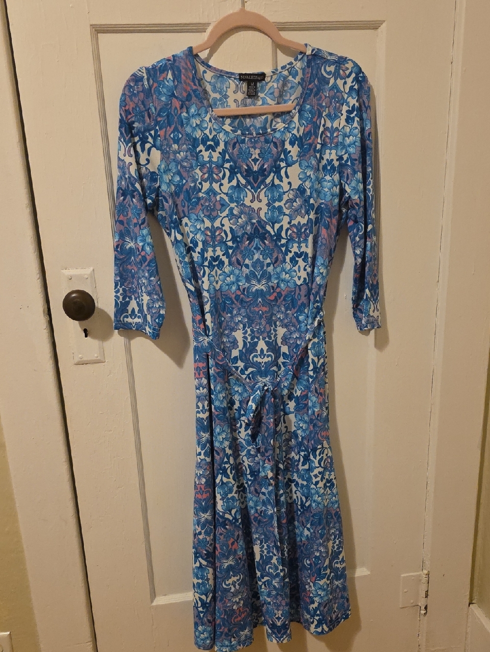 Nina Leonard Blue and Pink Paisley-Print Midi Dress